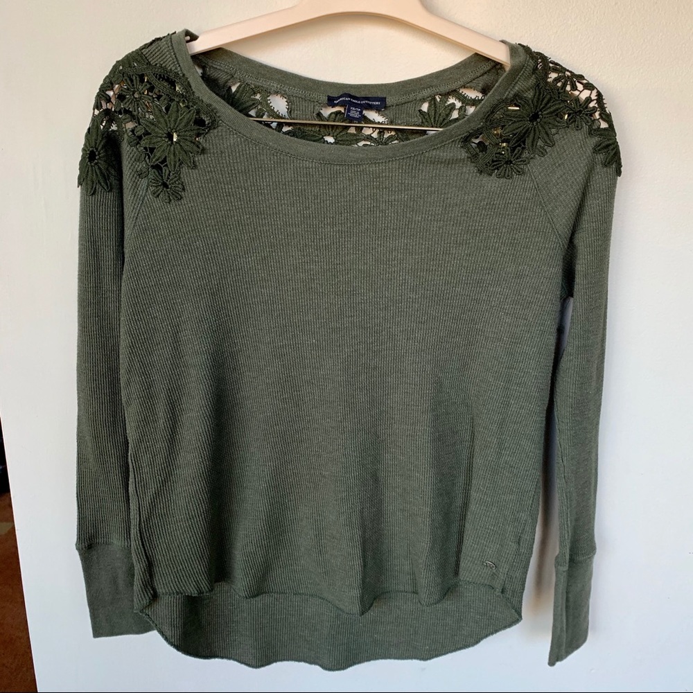 American Eagle Lace Floral Detail Green Sweater